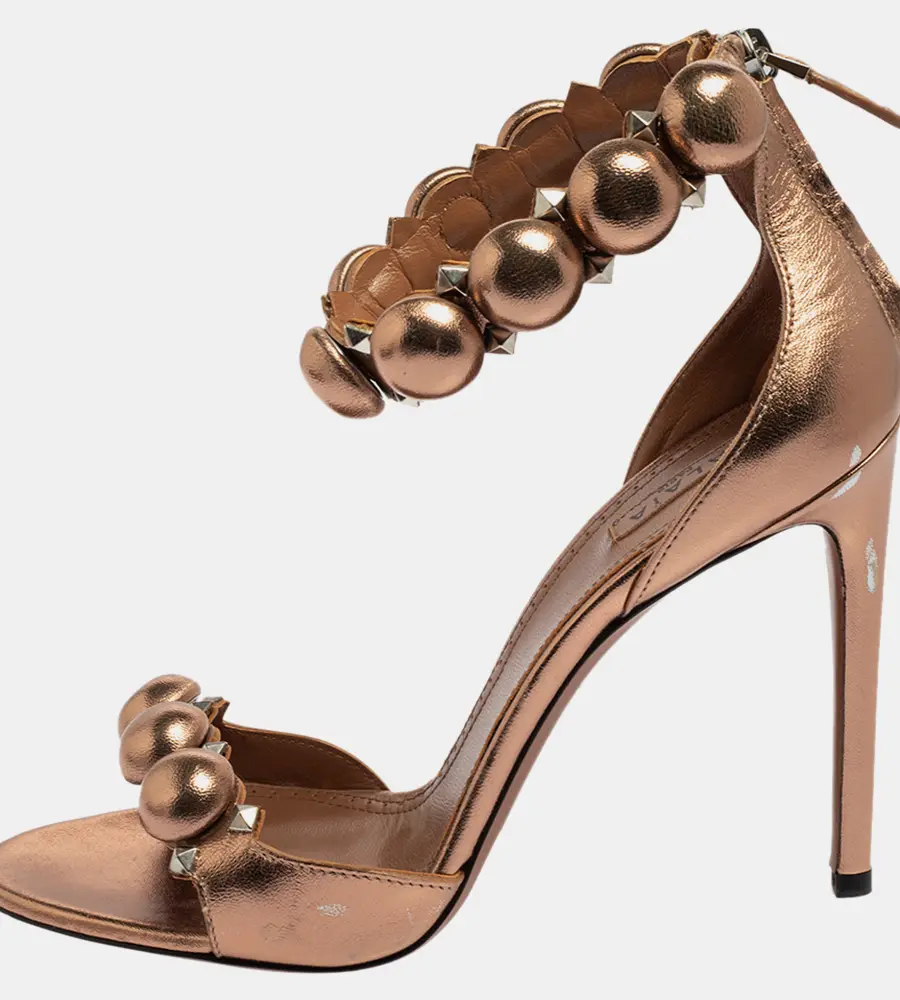 Alaia Metallic Bronze Leather Bombe Ankle Strap Sandals Size 39