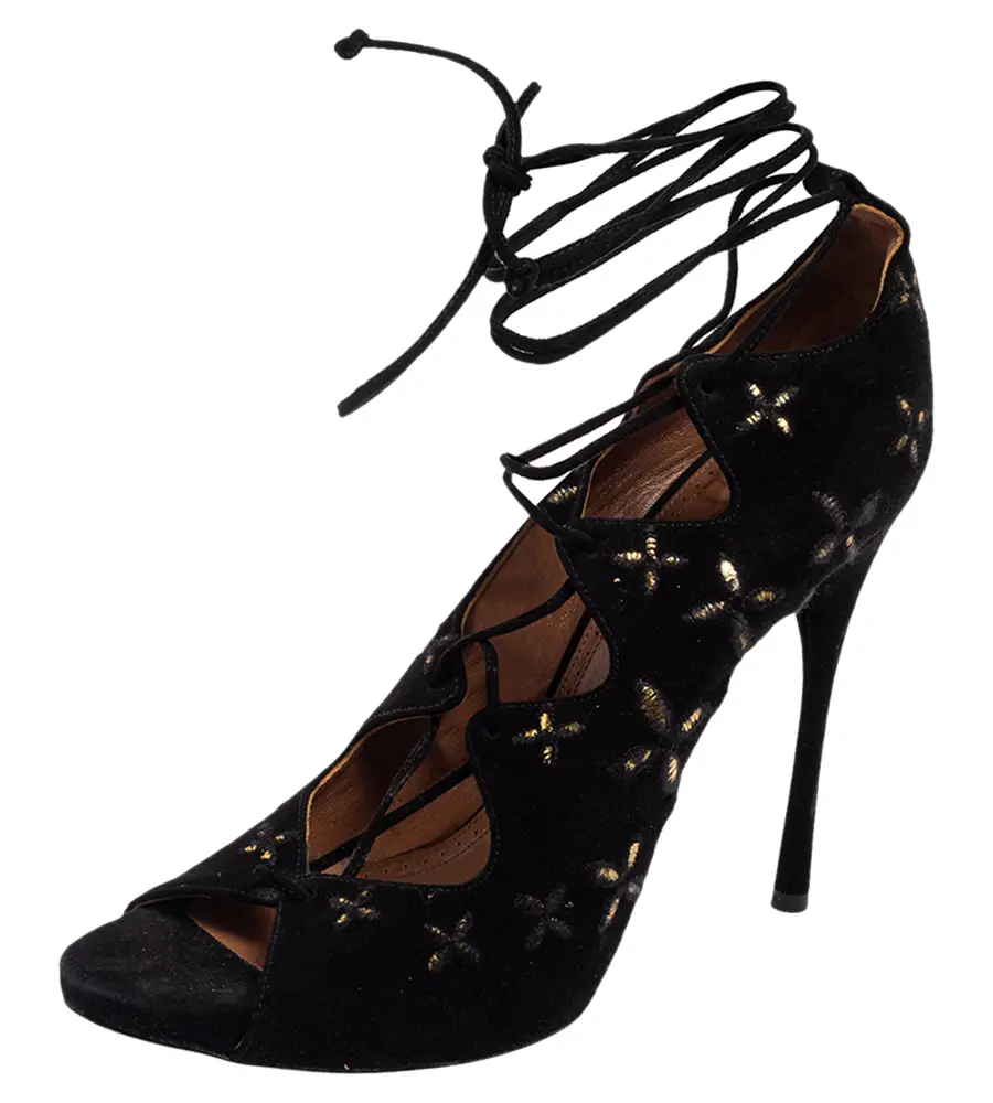 Alaia Black Suede Cut Out Lace Up  Ankle Wrap  Sandals Size 39