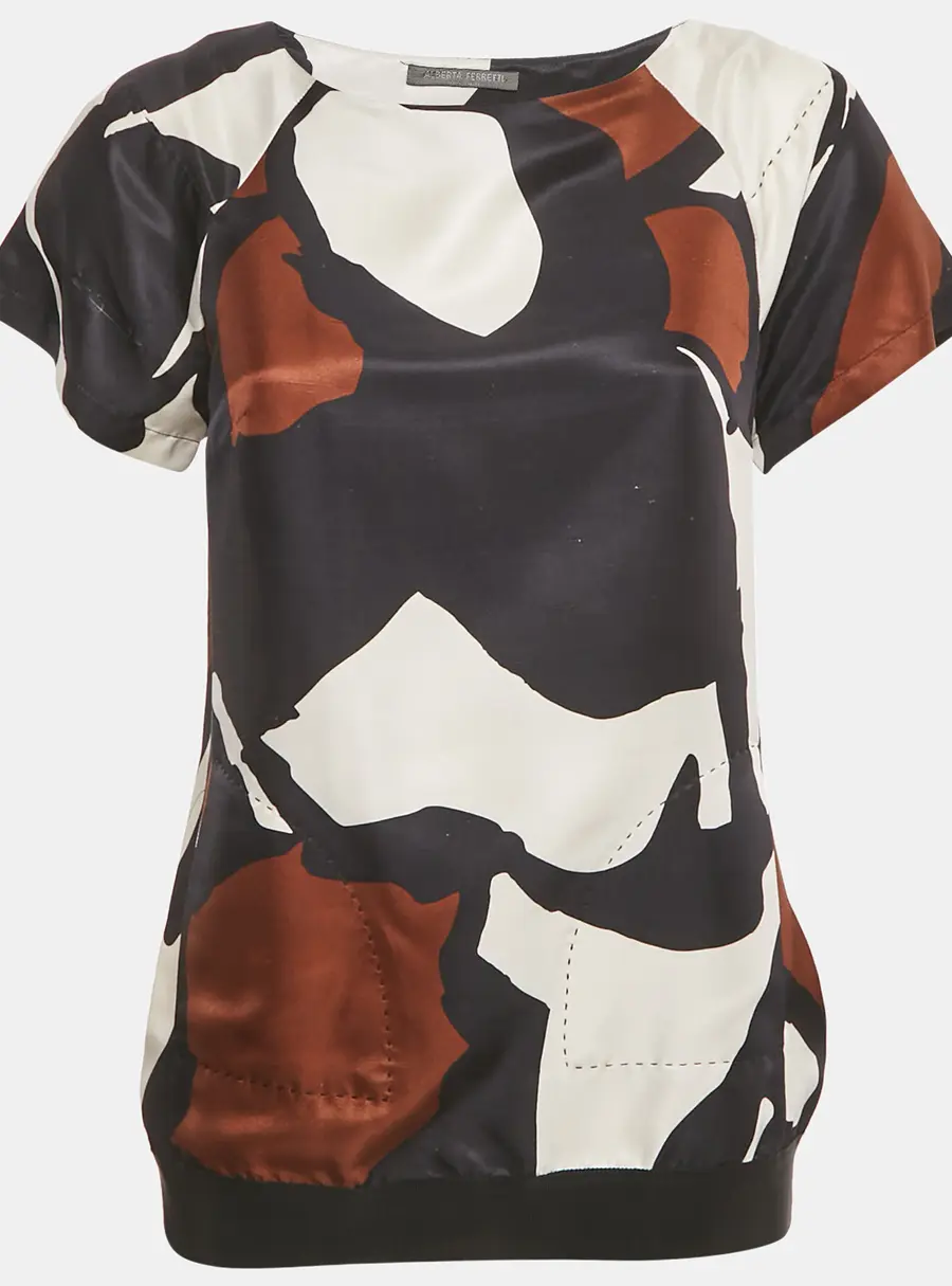 Alberta Ferretti Navy Blue Printed Silk Blouse S