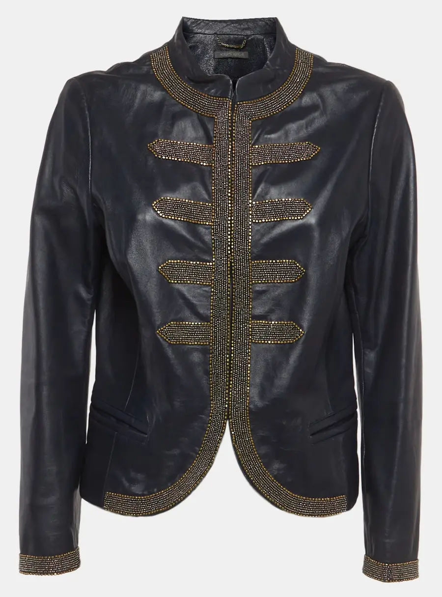 Alberta Ferretti Navy Blue Bead Embellished Leather Military Jacket M