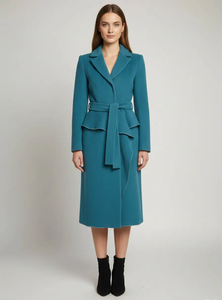 Alberta Ferretti Teal Blue Felt Belted Peplum Long Coat S