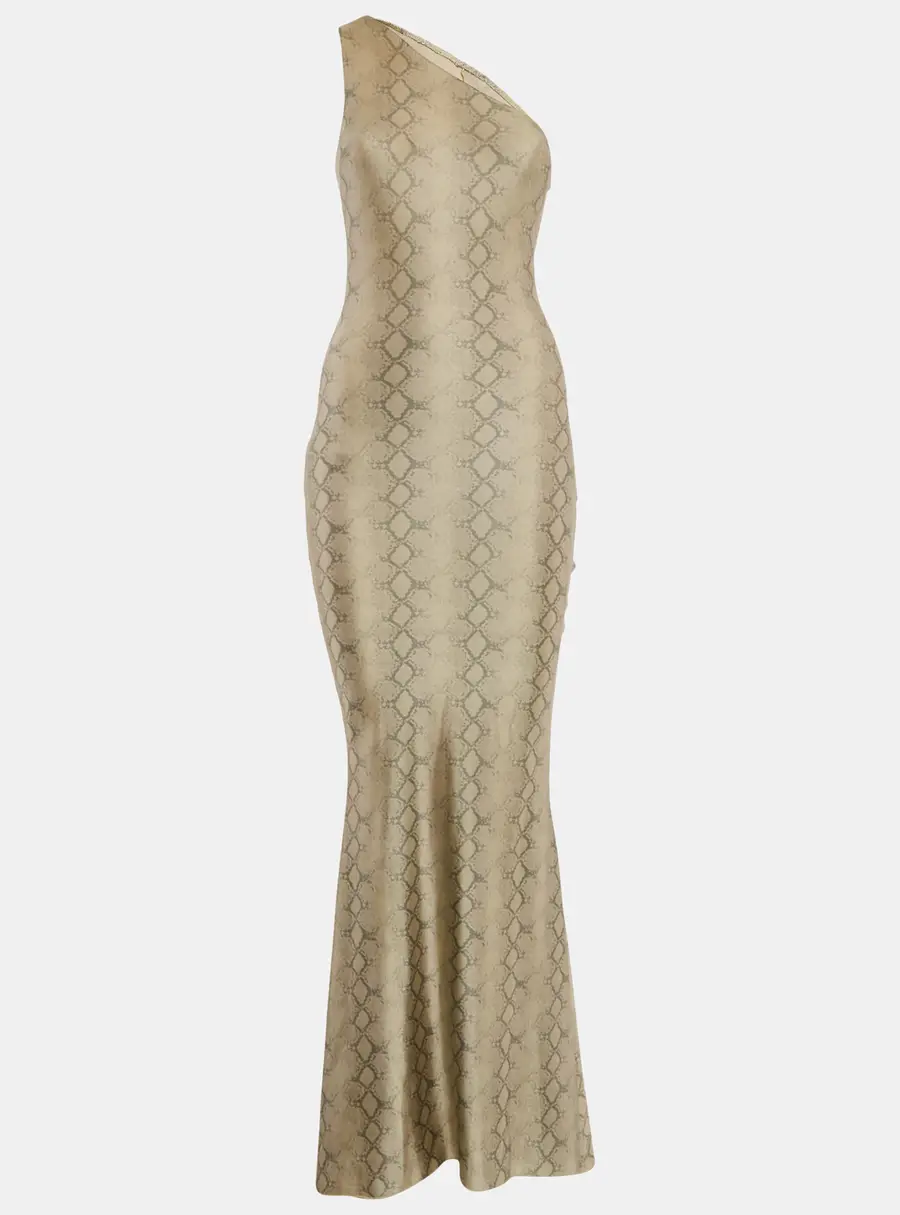 Alek Adorian Couture Beige Snake Print Jersey Asymmetric One-Shoulder Maxi Dress S