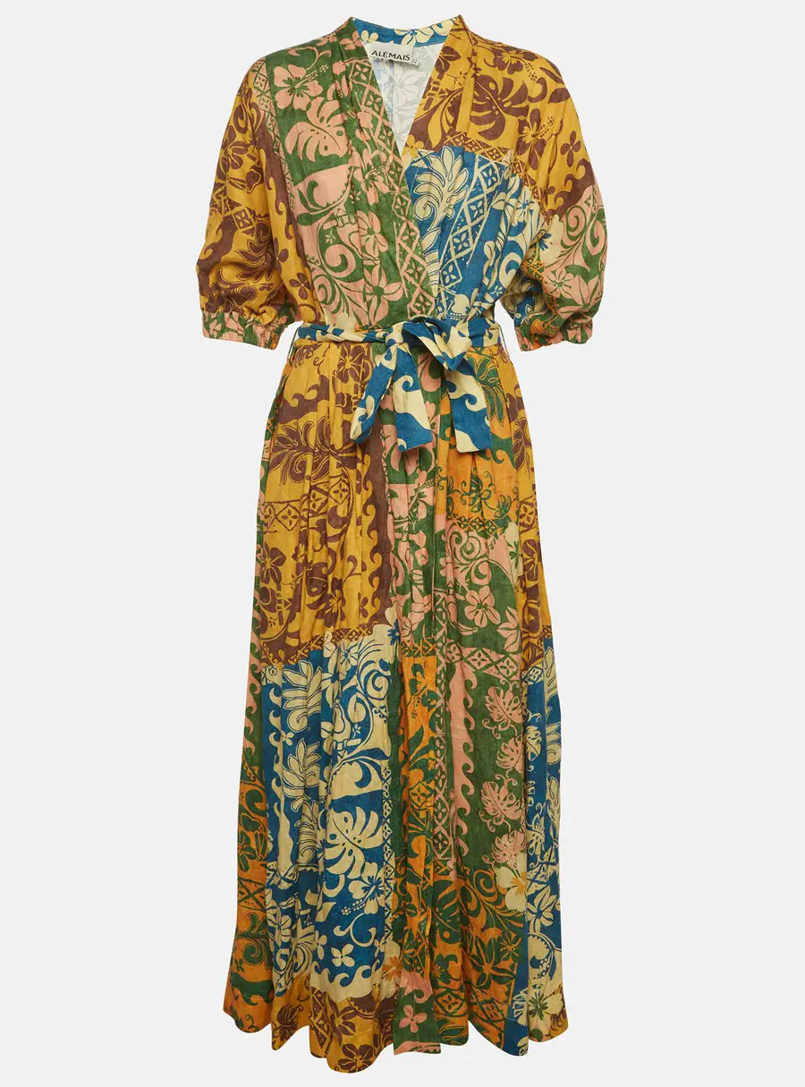 Alemais Multicolor Printed Linen Tie Detail Maxi Dress M