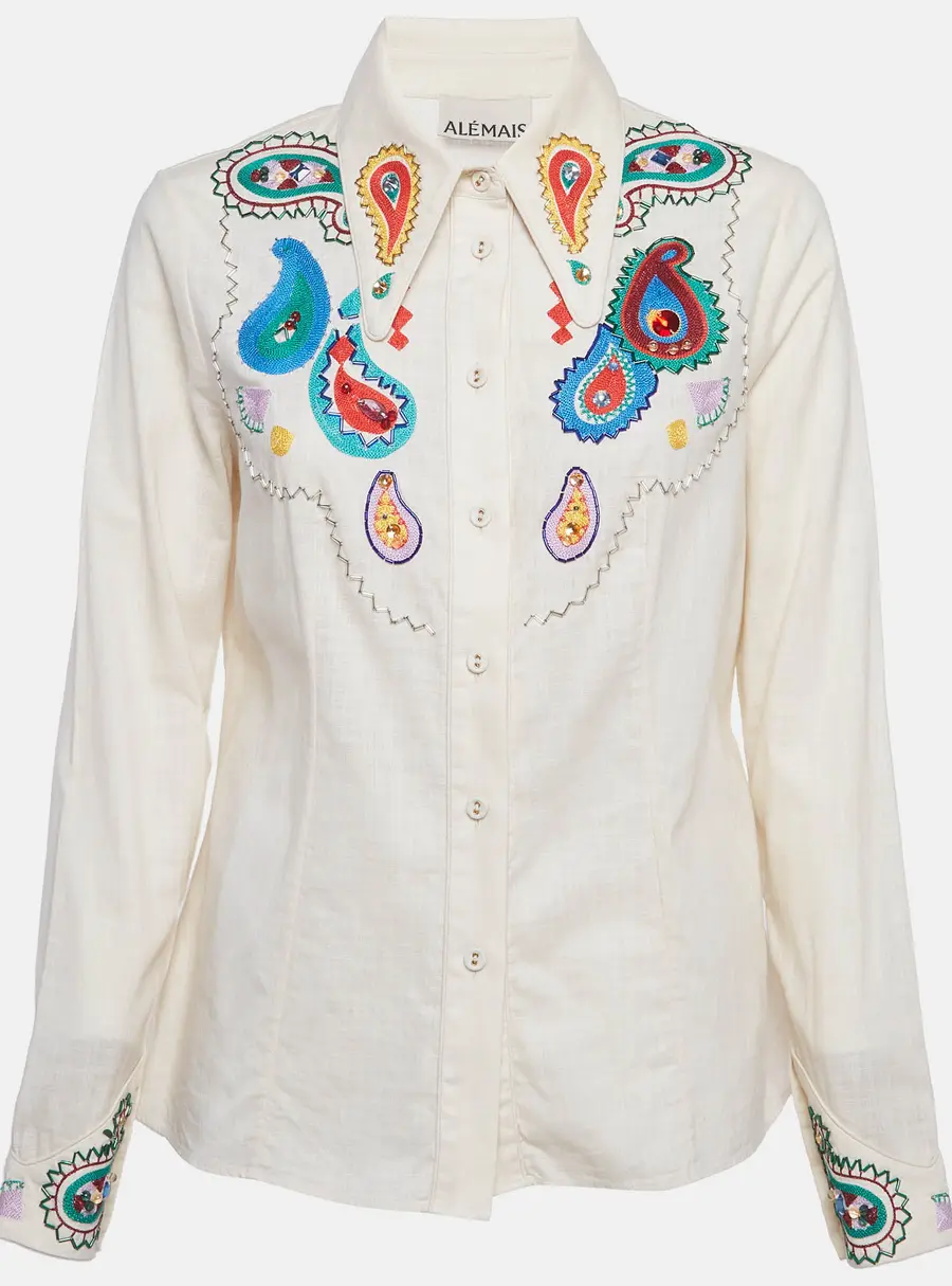 Alemais Cream Linen Embroidered Long Sleeve Shirt M