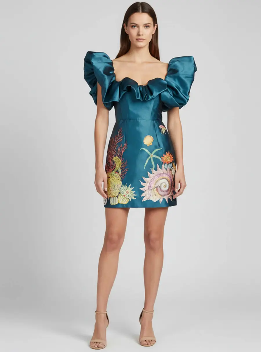 Alemais Green Printed Sateen Dorian Mini Dress S
