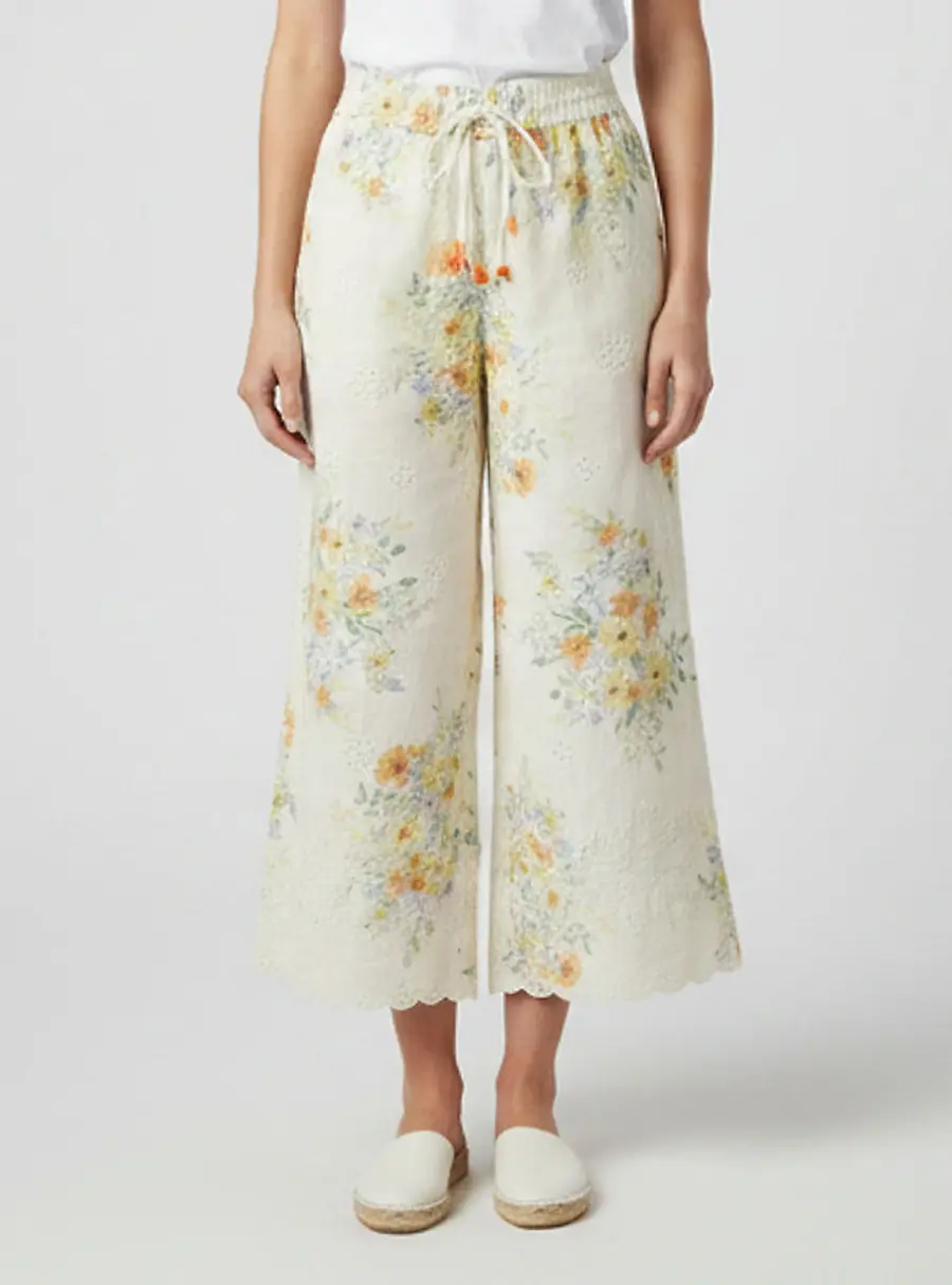 Alemais Yellow Floral Linen Wide Leg Pants S