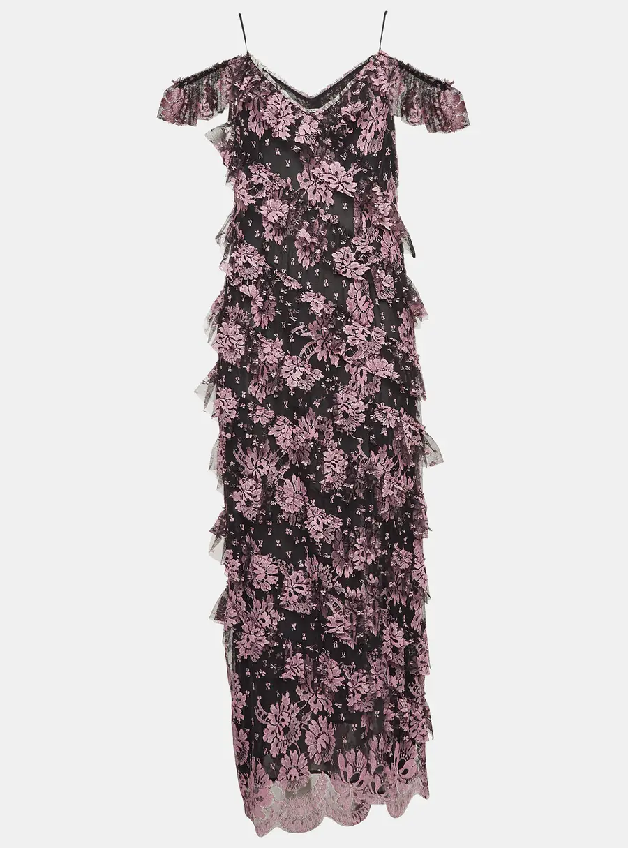 Alessandra Rich Black Floral Lace Ruffled Mid Dress M