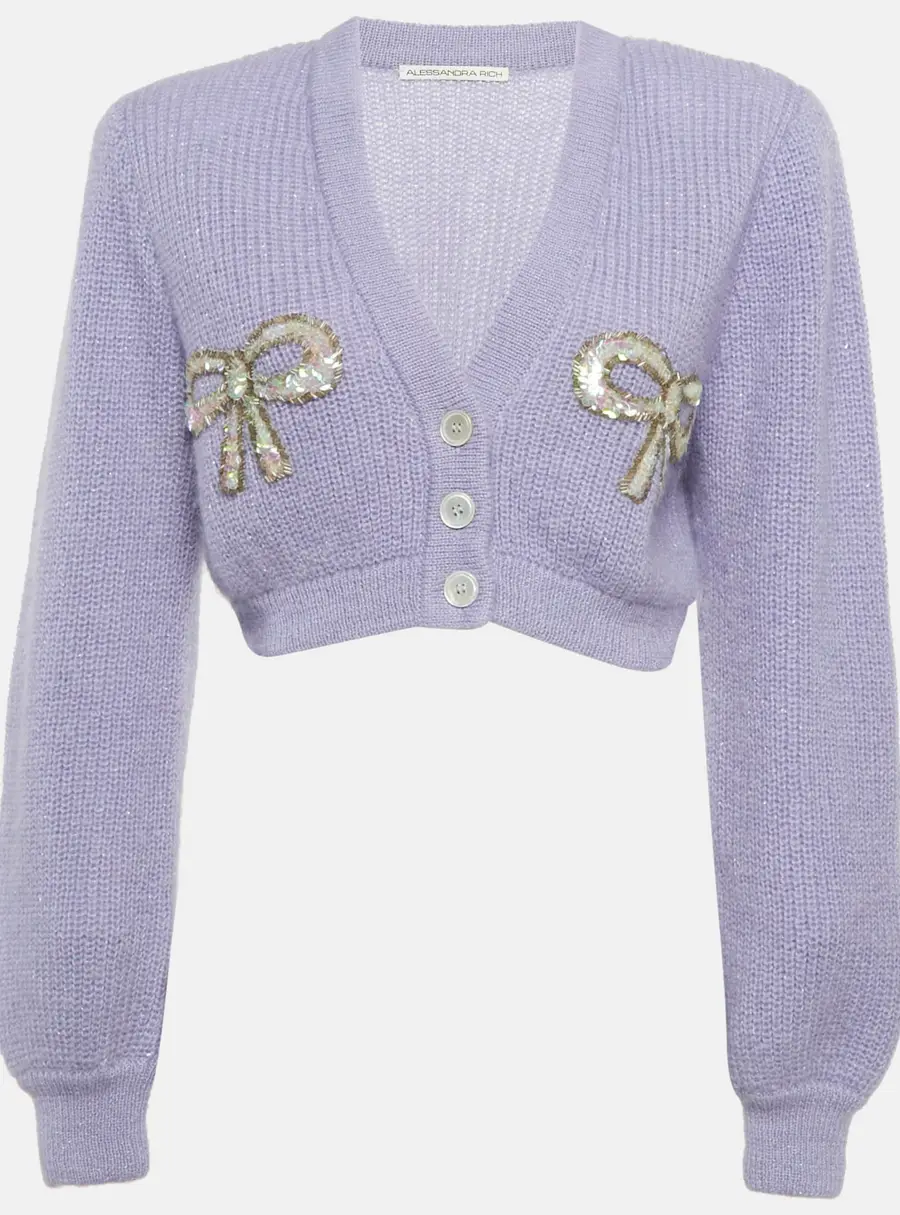 Alessandra Rich Purple Bow Embellished Wool Blend Cardigan S