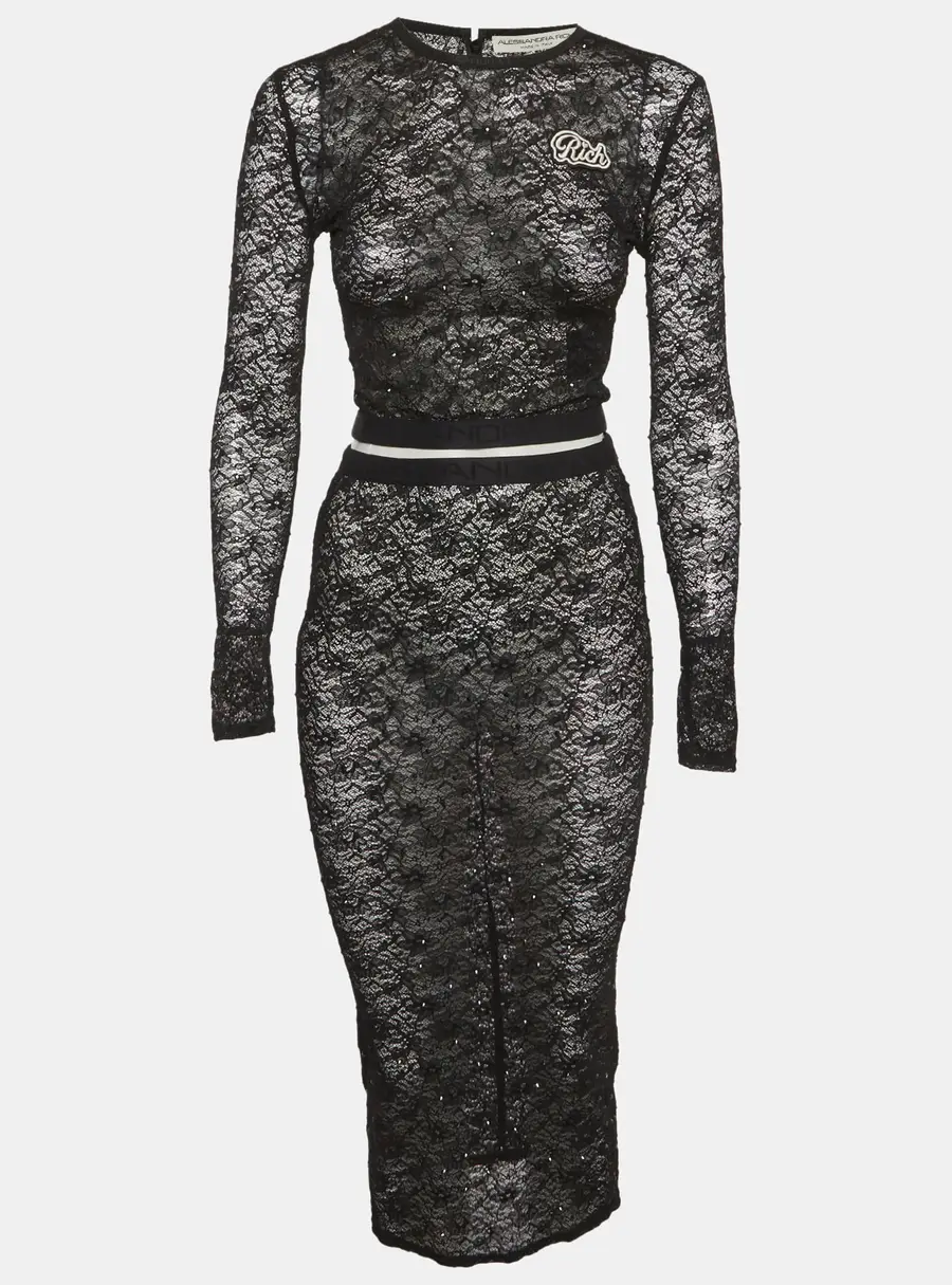 Alessandra Rich Black Rhinestone Stretch Lace Sheer Top M