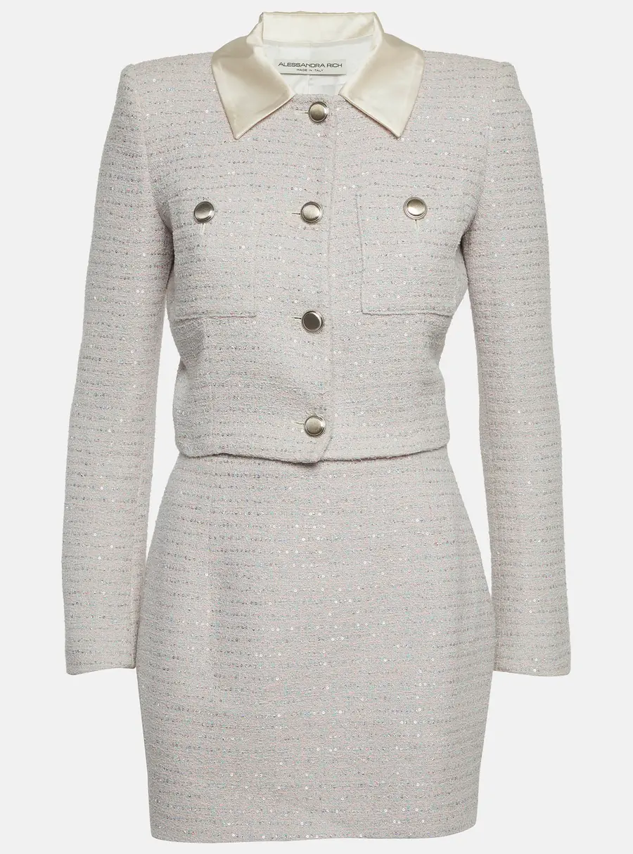Alessandra Rich Pink Sequin Tweed Cropped jacket & Mini Skirt S