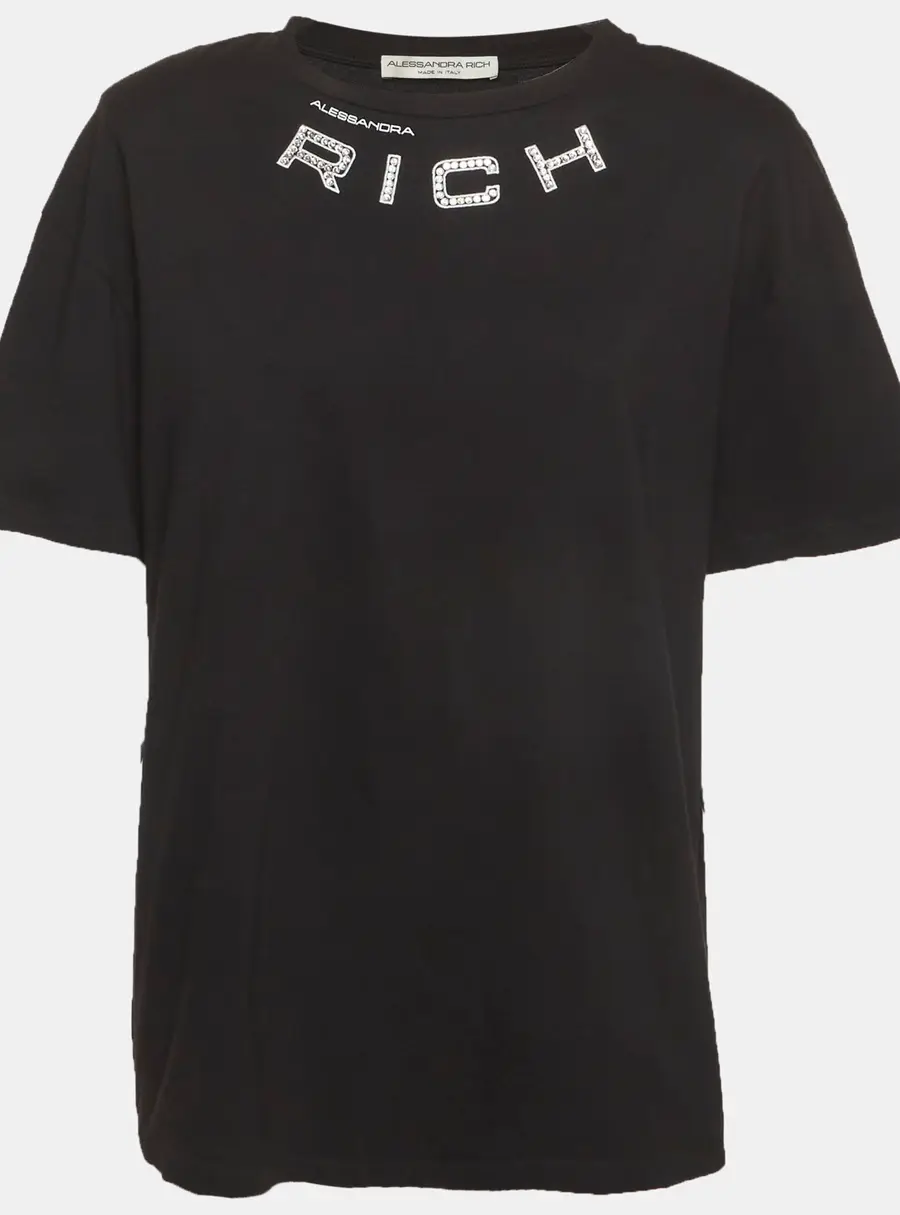 Alessandra Rich Black Cotton Logo Embellished Structured T-Shirt M