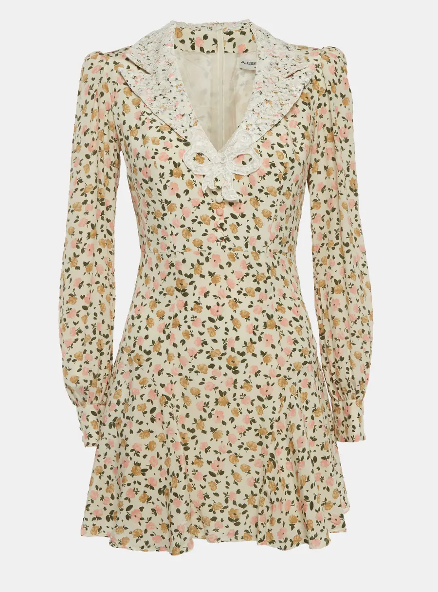Alessandra Rich Cream Floral Print Lace Trim Mini Dress S