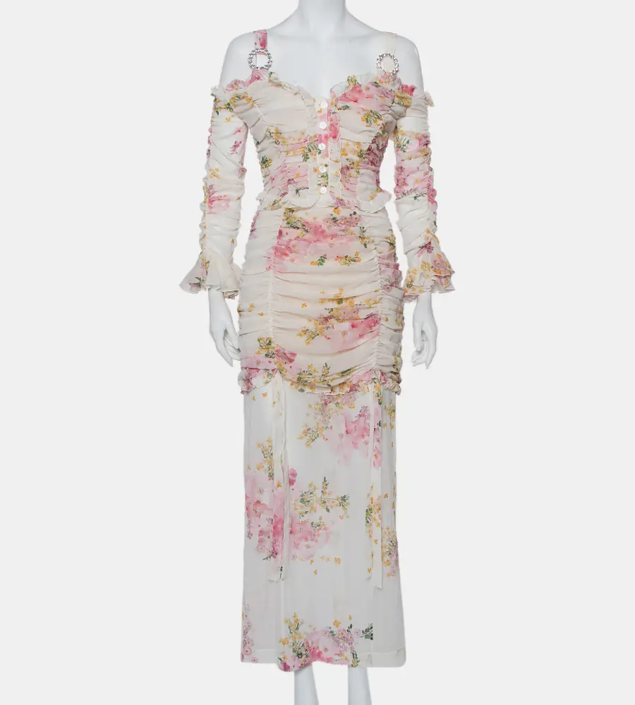 Alessandra Rich White Floral Printed Silk Ruched Cold Shoulder Maxi Dress M
