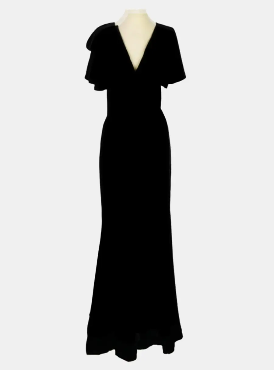 Alessandra Rich V -Neck Flutter Sleeve Black Crepe Women's Maxi Dress