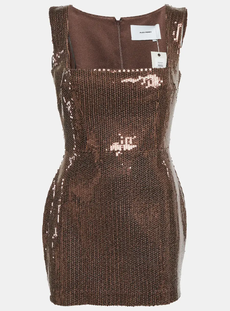 Alex Perry Brown Sequin Sleeveless Portrait Mini Dress M