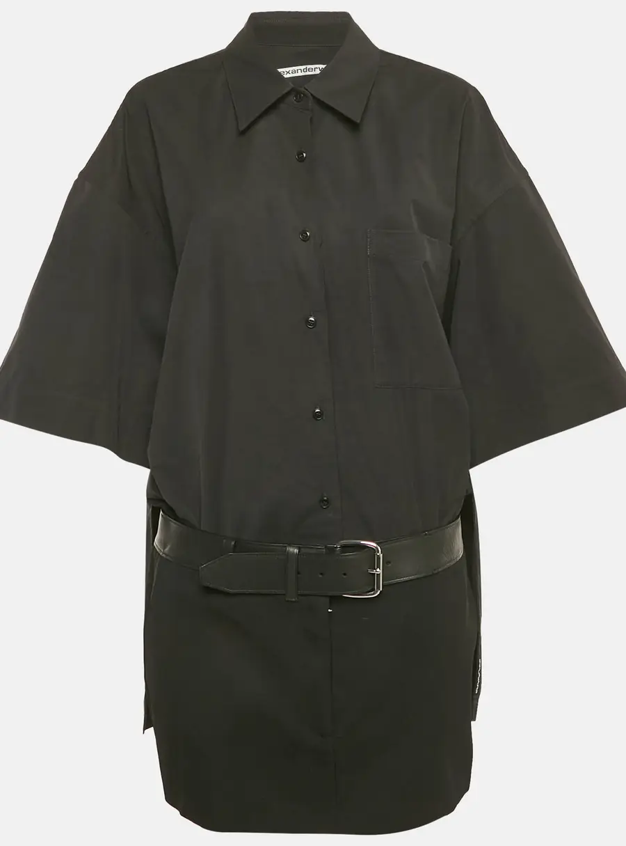 Alexander Wang Black Cotton Belted Hybrid Mini Shirt Dress L
