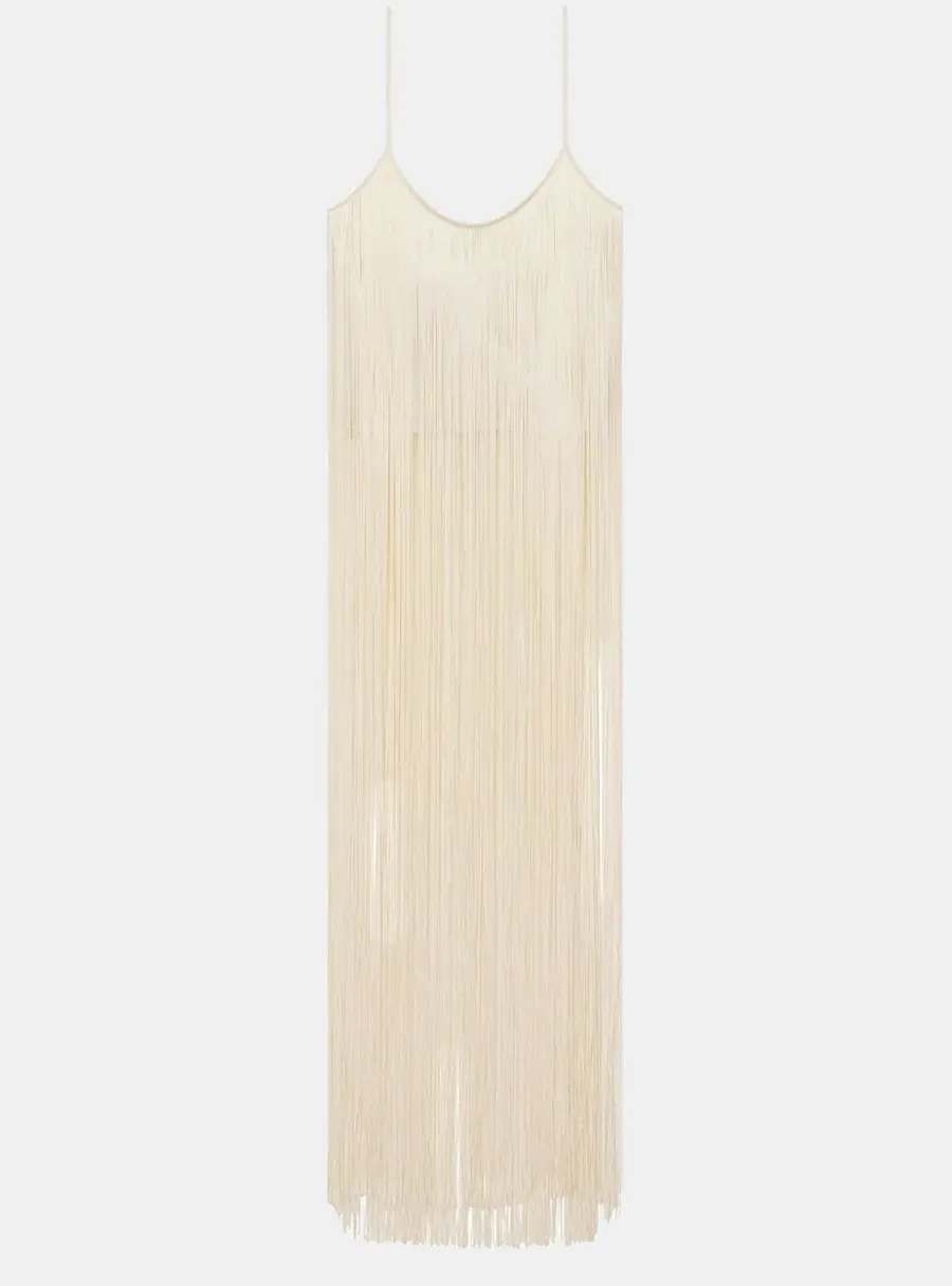 Alexander Wang Cream Stretch Knit Cropped Fringed Top S