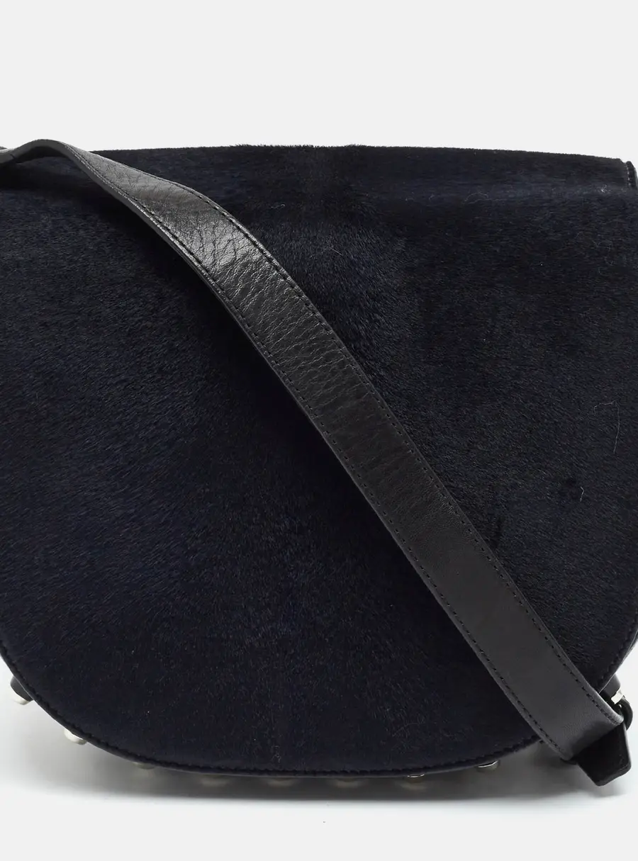 Alexander Wang Studded Lia Black/Navy Blue Calfhair, Croc Embossed and Leather Shoulder Bag