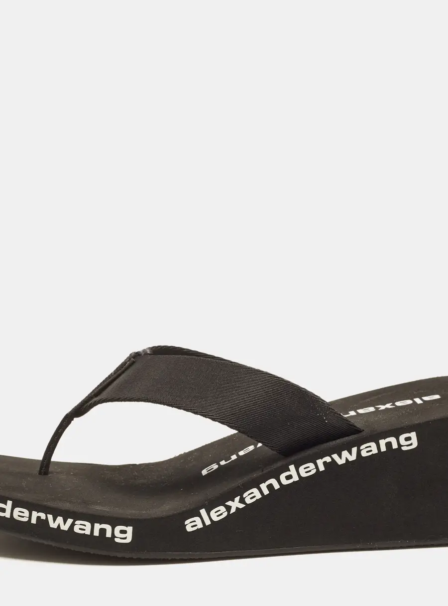 Alexander Wang Logo Print Size 39 Black Canvas Thong Wedge Sandals