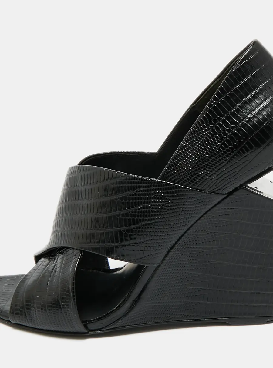 Alexander Wang Black Lizard Embossed Leather Cross Strap Wedge Sandals Size 40