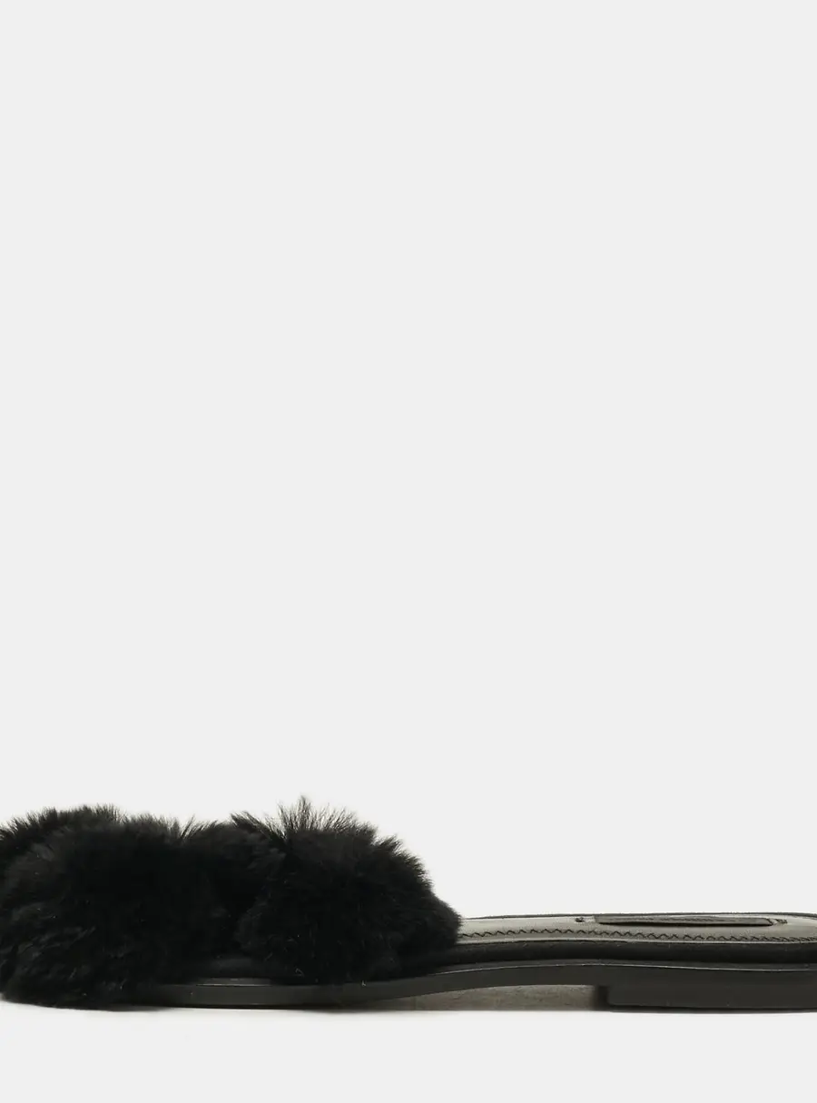 Alexander Wang Ava Size 38 Black Pom Pom Fur Flat Slides