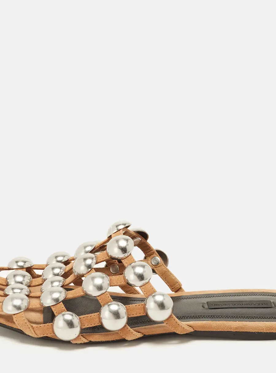 Alexander Wang Amelia Size 37.5 Brown Suede Studded Flat Mules