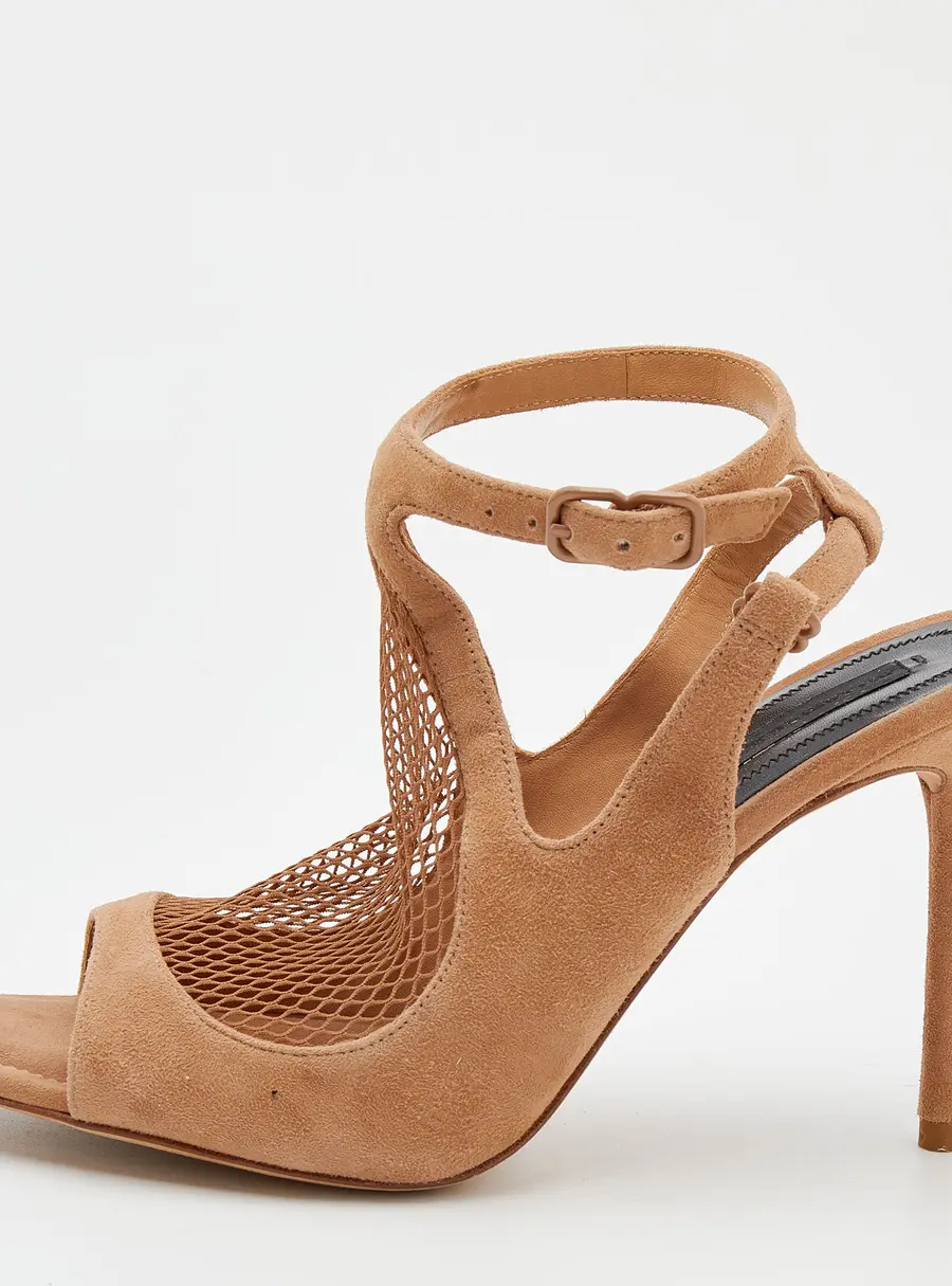 Alexander Wang Beige Suede and Fishnet Piper Ankle Strap Sandals Size 37.5