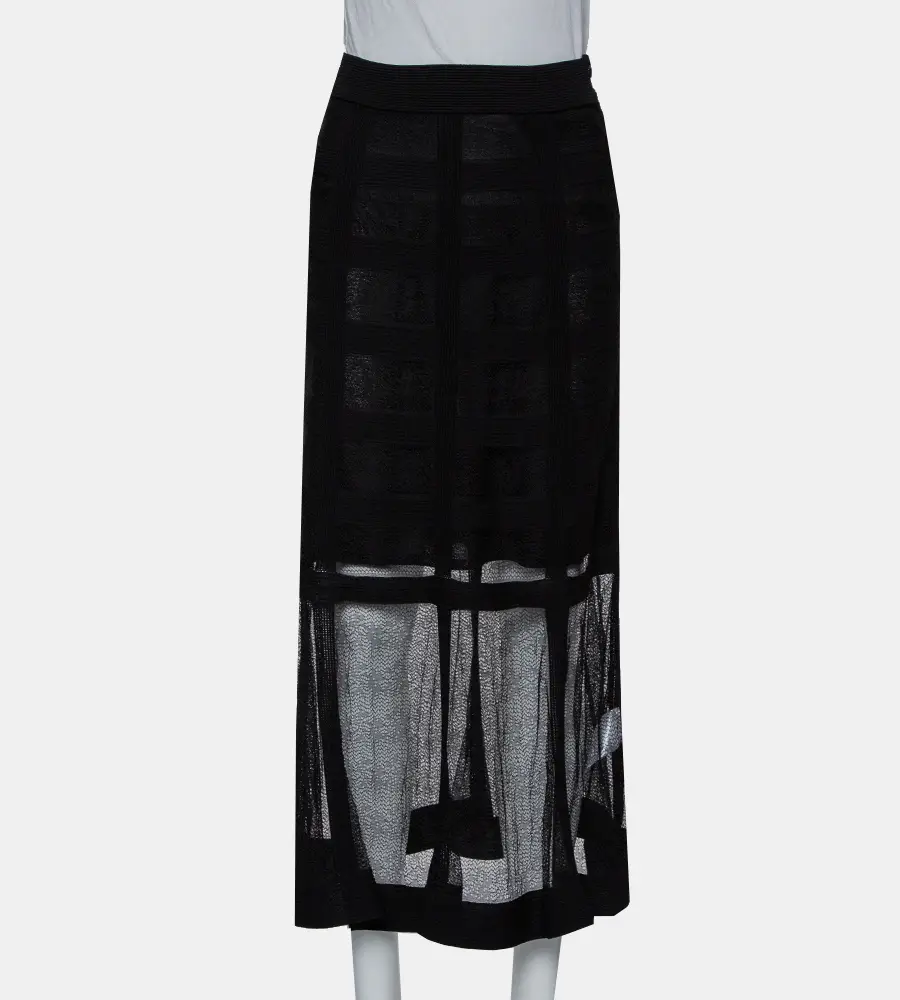 Alexander McQueen Black Patterned Silk Knit Midi Skirt M