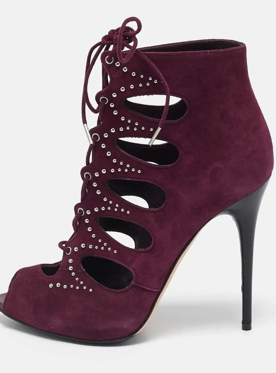 Alexander McQueen Burgundy Suede Ankle Length Studded Cut Out Ankle Boots Size 37