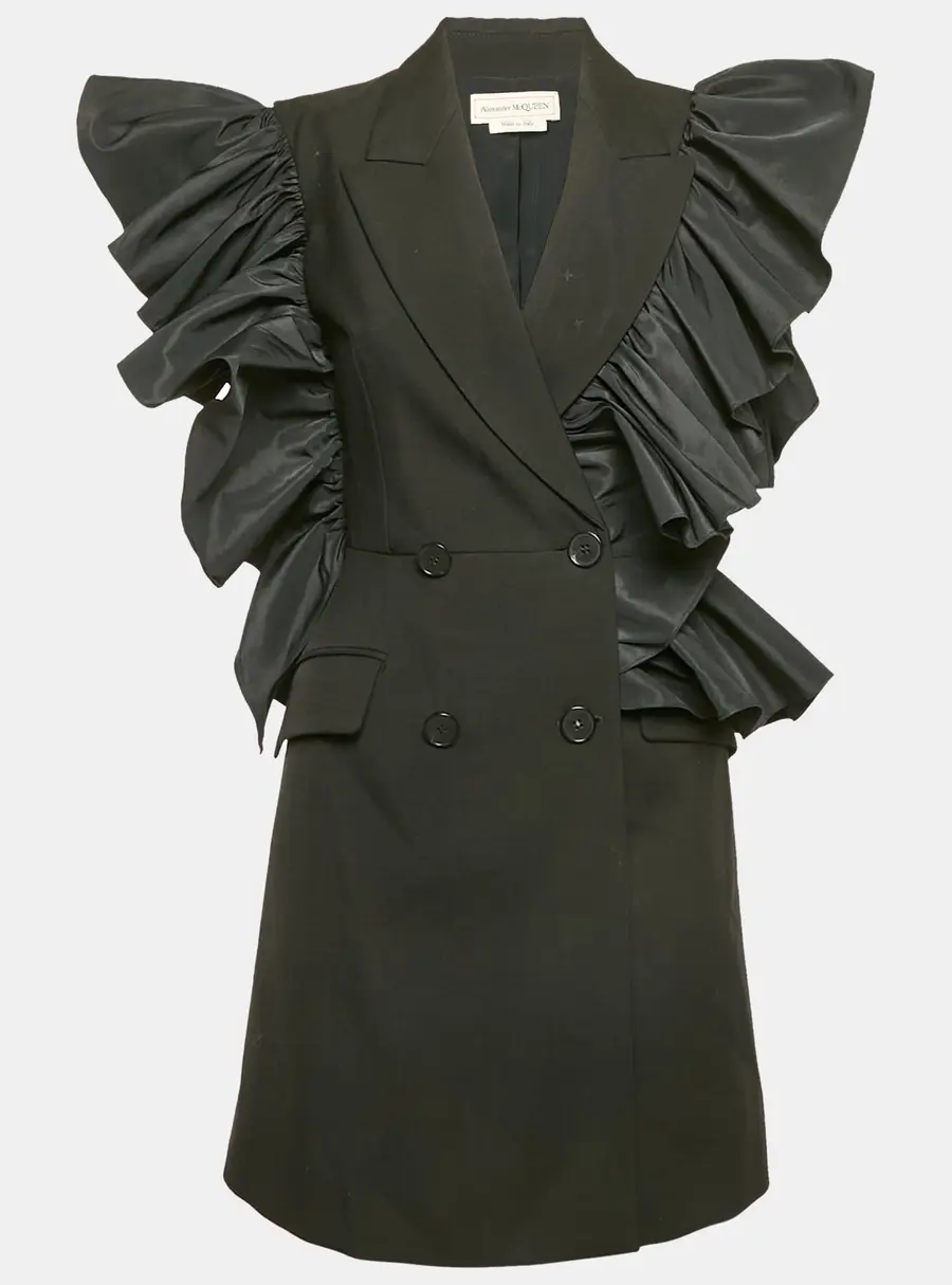 Alexander McQueen Black Wool and Ruffled Double Breasted Mini Dress S