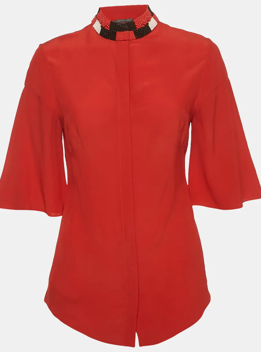 Alexander McQueen Red Silk Beaded High Neck Top S