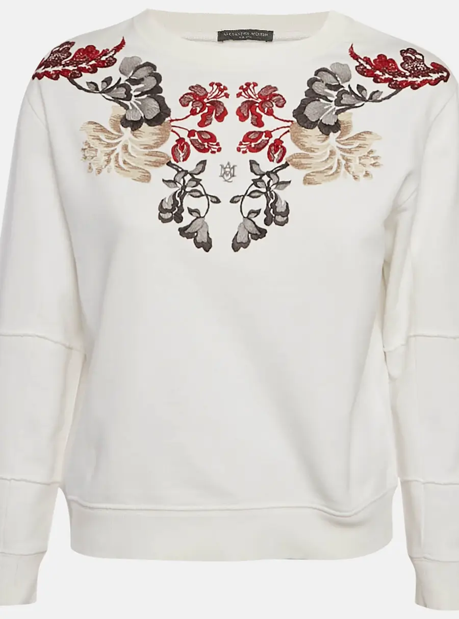 Alexander McQueen White Floral Embroidered Cotton Sweatshirt S