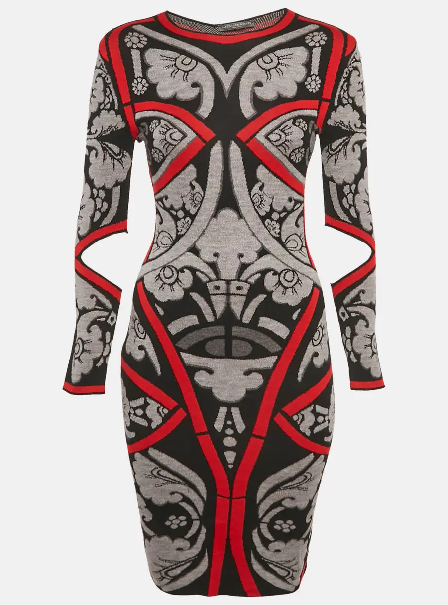 Alexander McQueen Black/Multicolor Jacquard Wool Knit Bodycon Dress XS