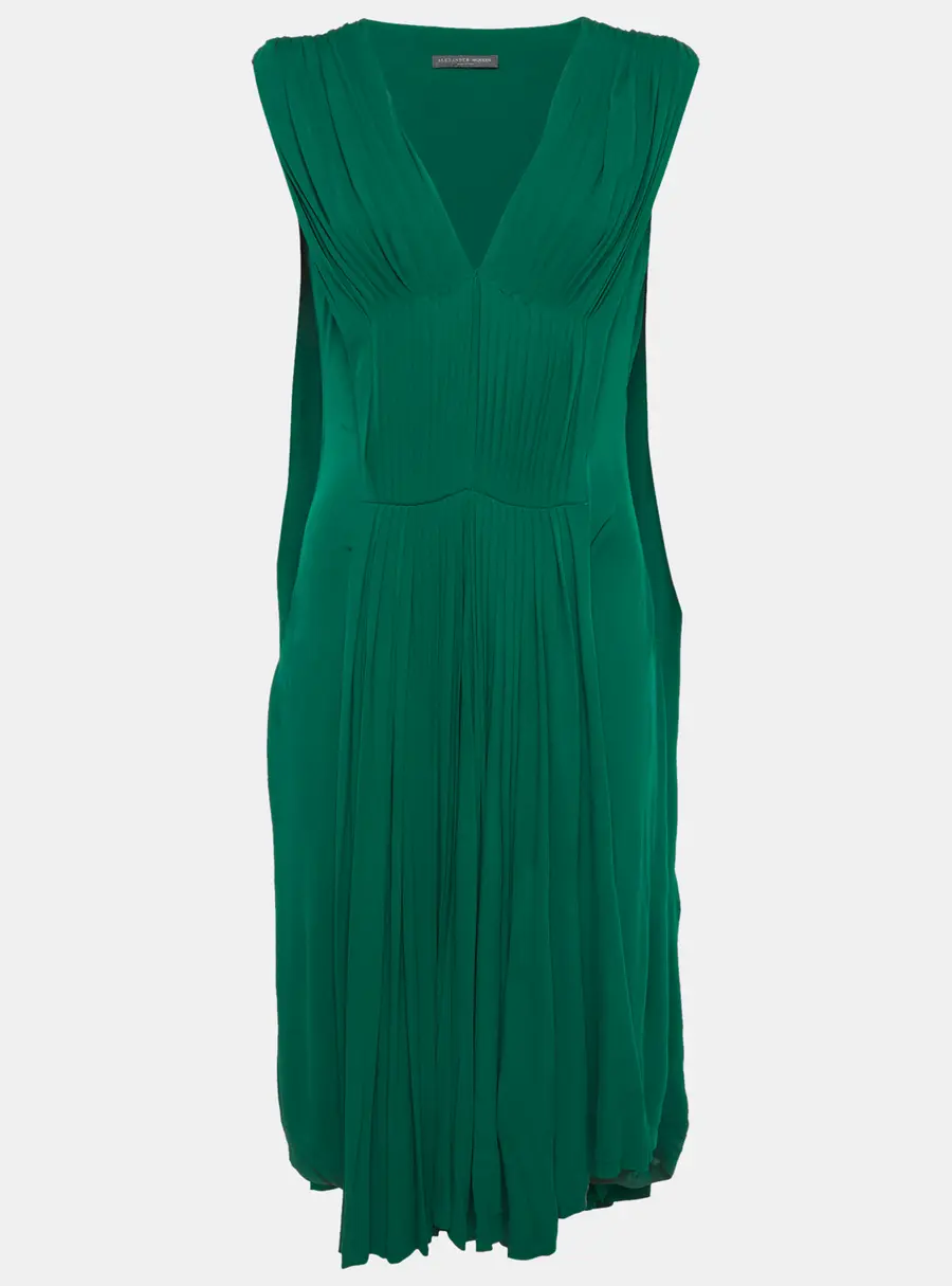 Alexander McQueen Green Jersey Pleated Sleeveless Midi Dress M