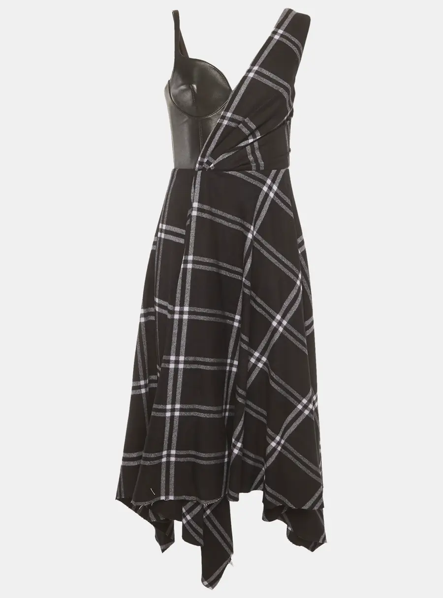 Alexander McQueen Black Check Pattern Wool Leather Corset Midi Dresses M