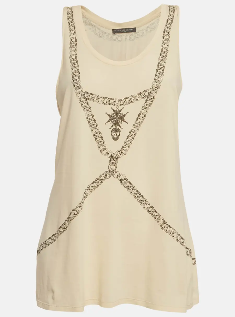 Alexander McQueen Cream Chain Printed Cotton Knit Crossover Back Tank Top M