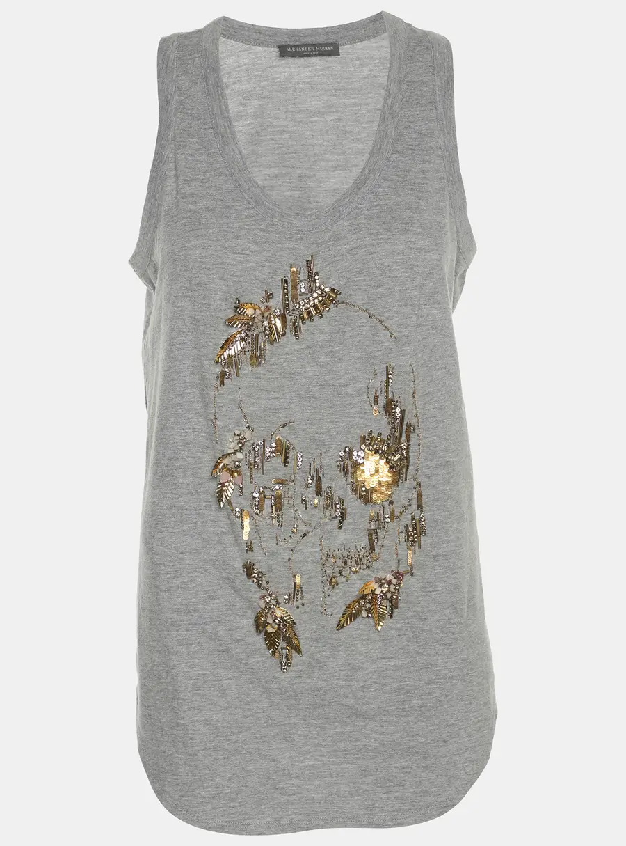 Alexander McQueen Grey Jersey Embellished Skull Motif Tank Top M
