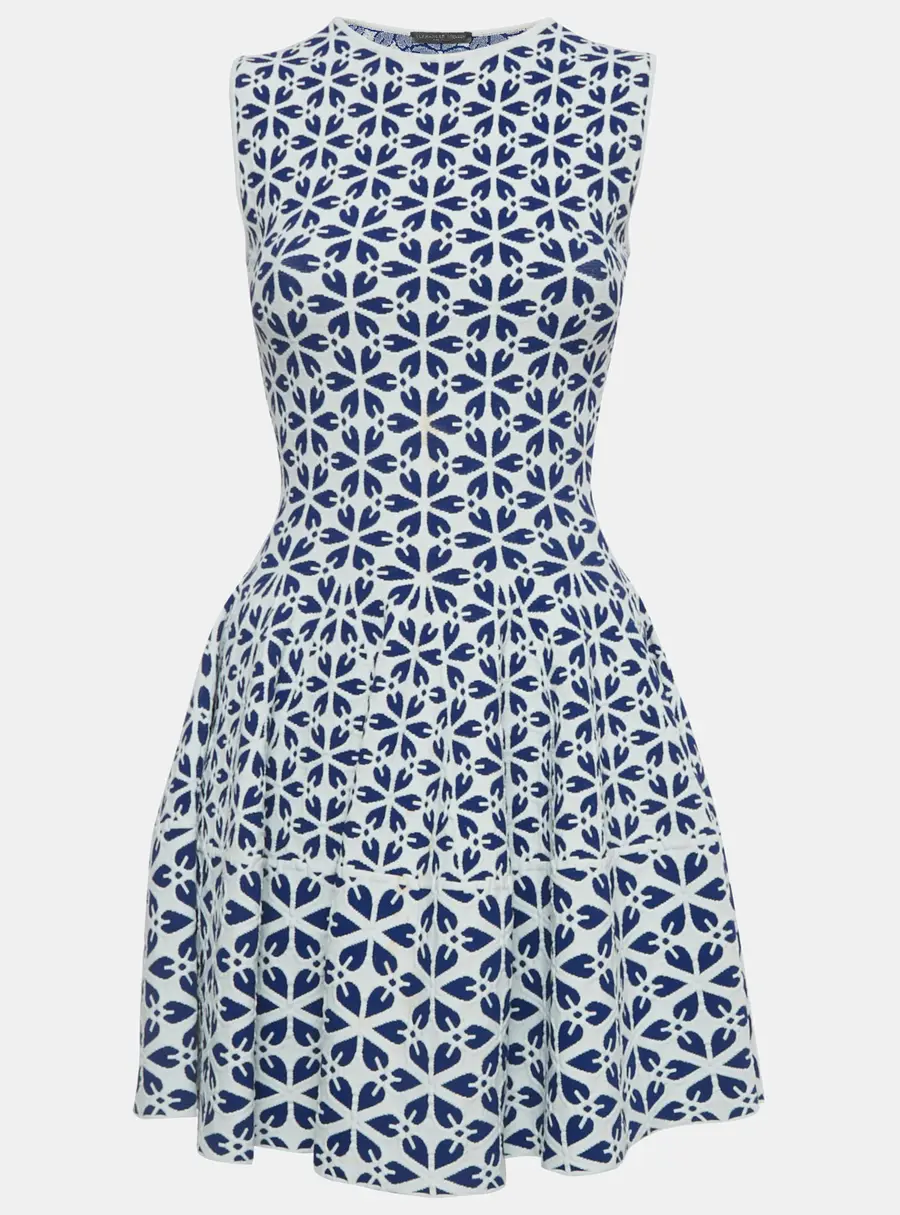 Alexander McQueen White/Blue Floral Pattern Stretch Knit Mini Dress XXS