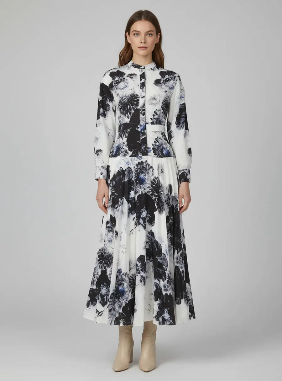 Alexander McQueen White Floral Printed Crepe Long Sleeve Midi Dress S