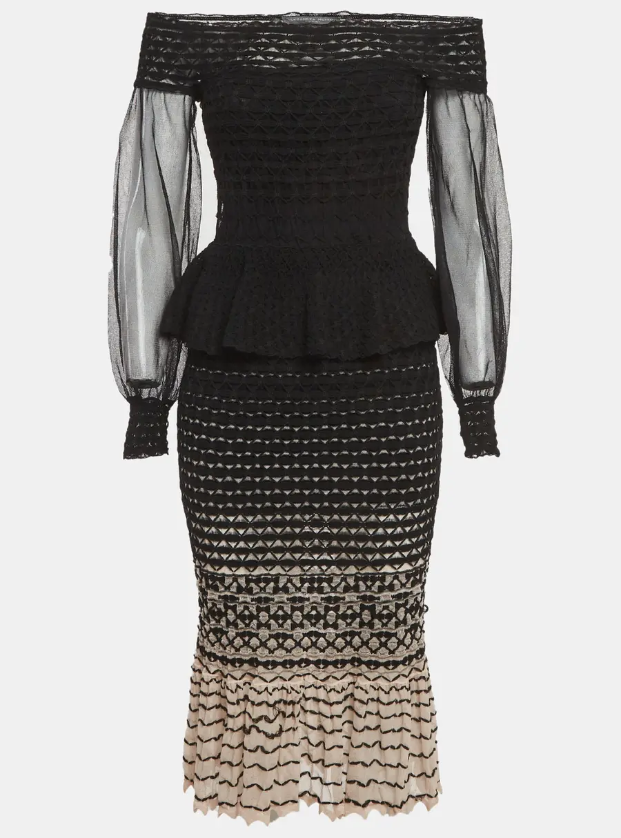 Alexander McQueen Black/Pink Stretch Tulle Off Shoulder Midi Dress S