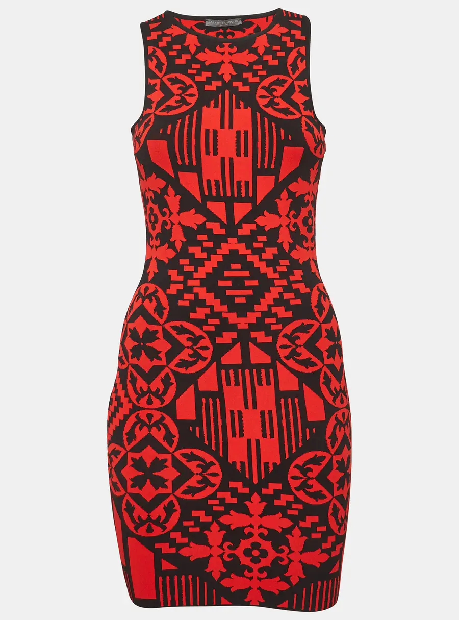 Alexander McQueen Red/Black Jacquard Knit Sheath Dress XS