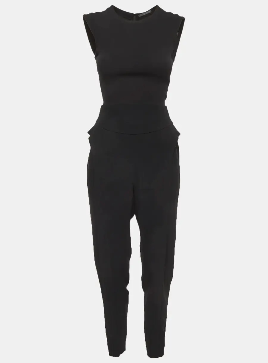 Alexander McQueen Black Stretch Knit and Crepe Cape Sleeve Jumpsuit S