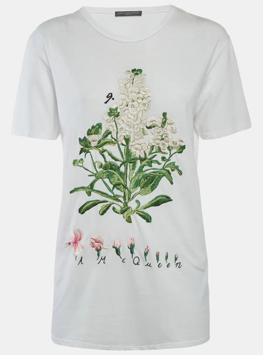 Alexander McQueen White Embroidered Botanical T-Shirt XS