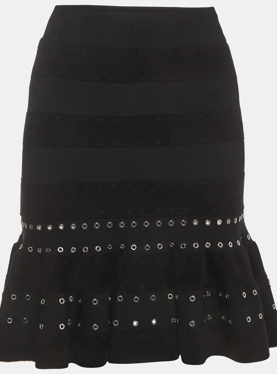 Alexander McQueen Black Stretch Knit Eyelet Detail Ruffled Mini Skirt S