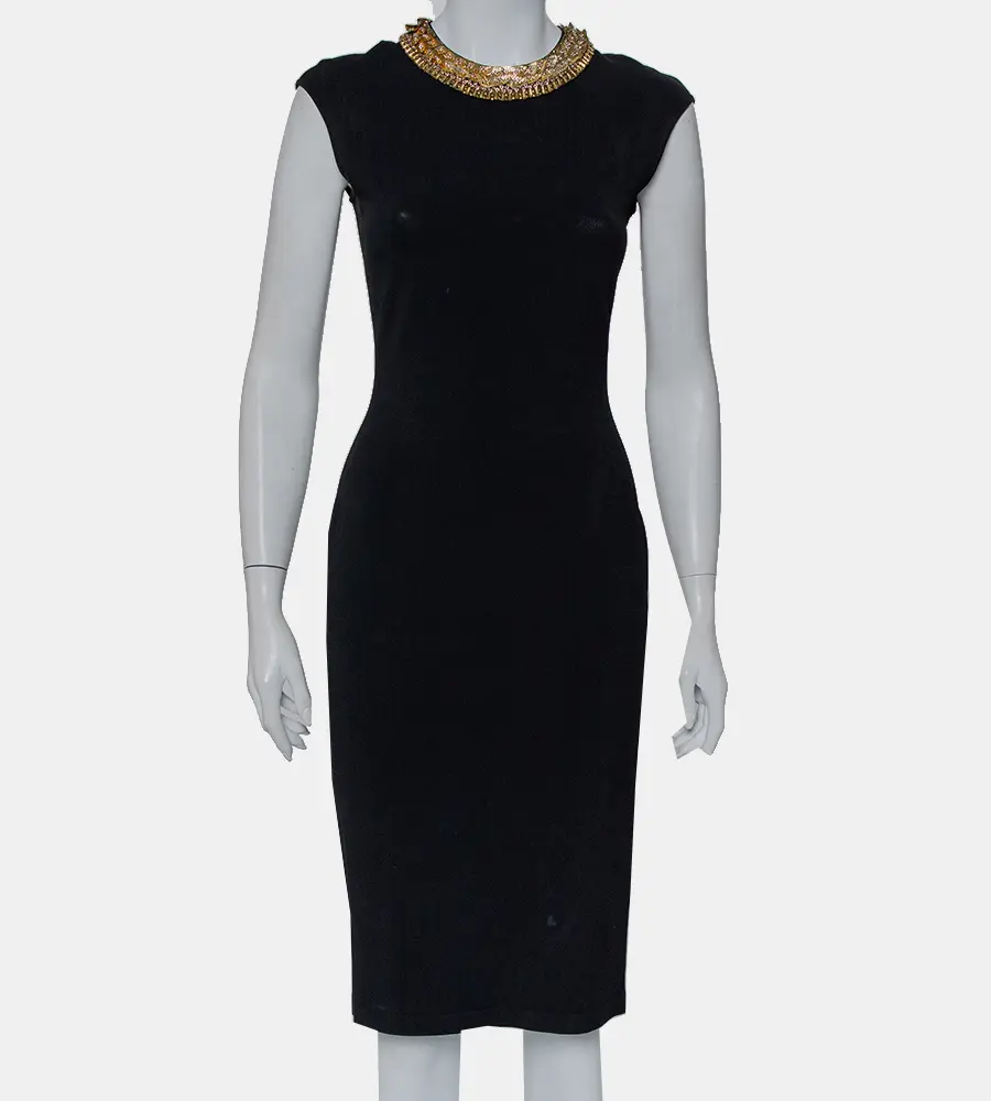 Alexander McQueen Black Knit Embellished Neck Detail Sleeveless Sheath Dress M