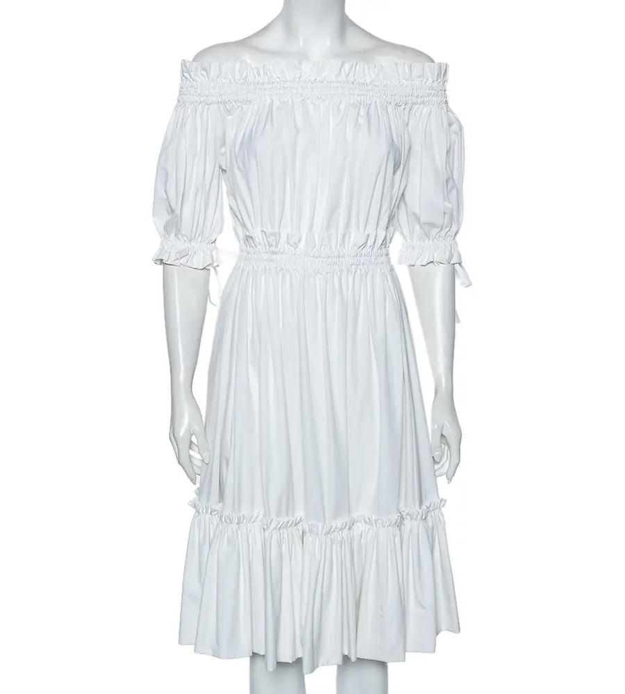 Alexander McQueen White Cotton Ruched Tiered Off Shoulder Midi Dress M