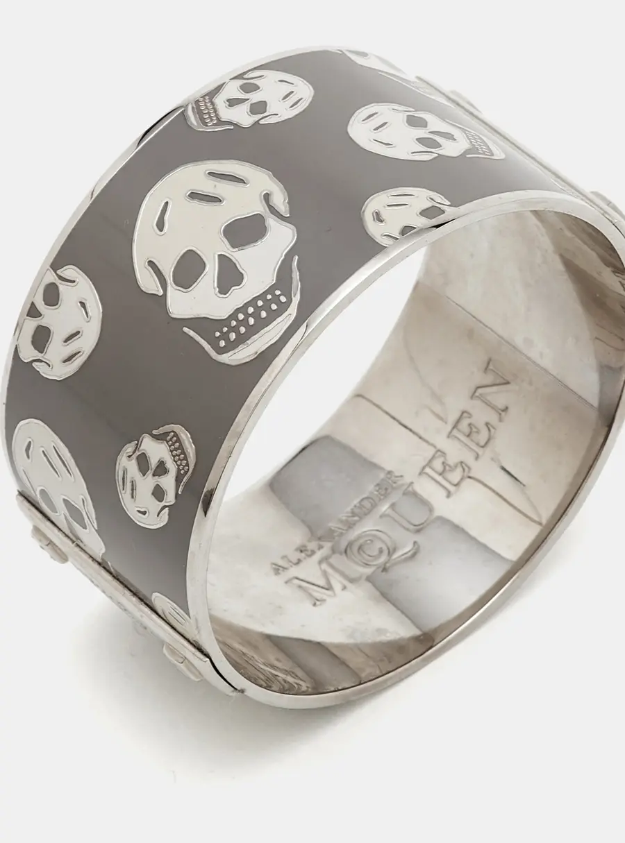 Alexander McQueen Skull Motif Grey Cream Enamel Silver Tone Wide Bangle Bracelet