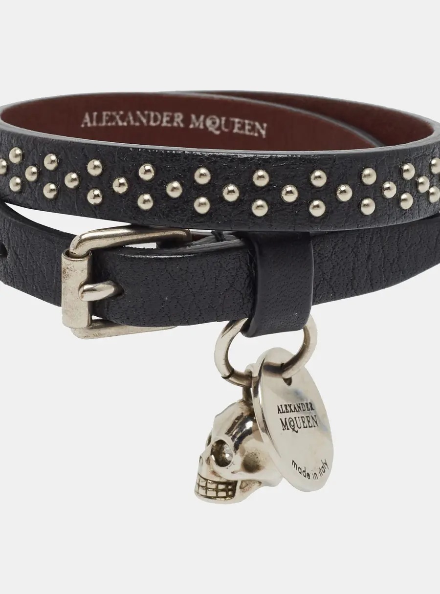 Alexander McQueen Studded Leather Skull Charm Silver Tone  Double Wrap Bracelet