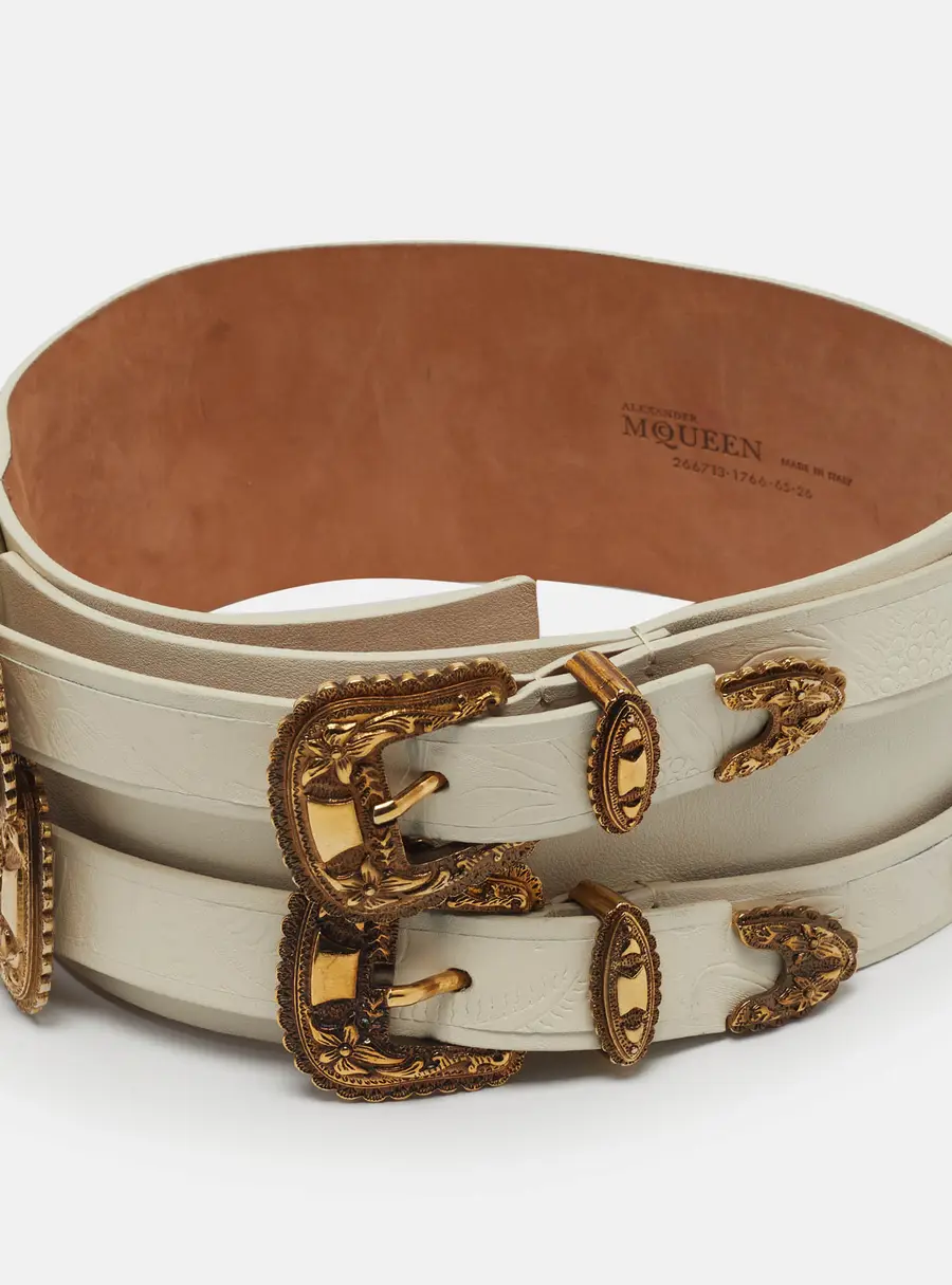 Alexander McQueen Double Buckle 65CM Wide Belt White Leather