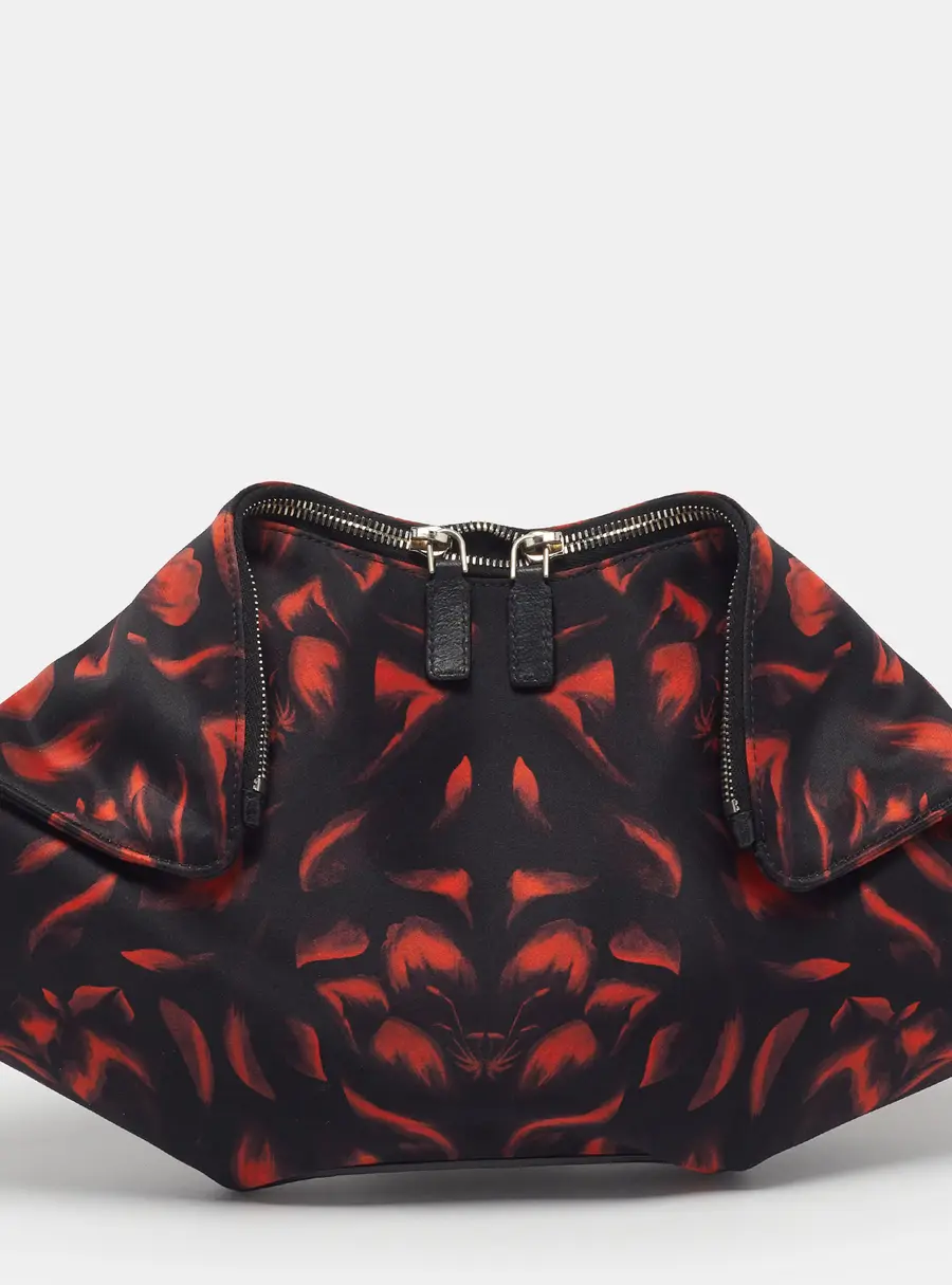 Alexander McQueen Tulip Print De Manta Black/Orange Satin and Leather Clutch